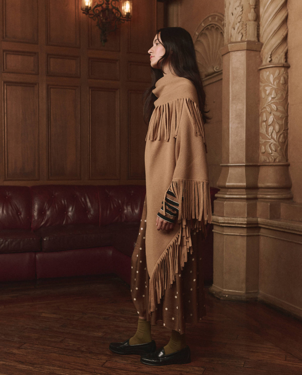 The Great Big Sweater Fringe Scarf Camel soft sweater knit with loose fringe along the edge Park City