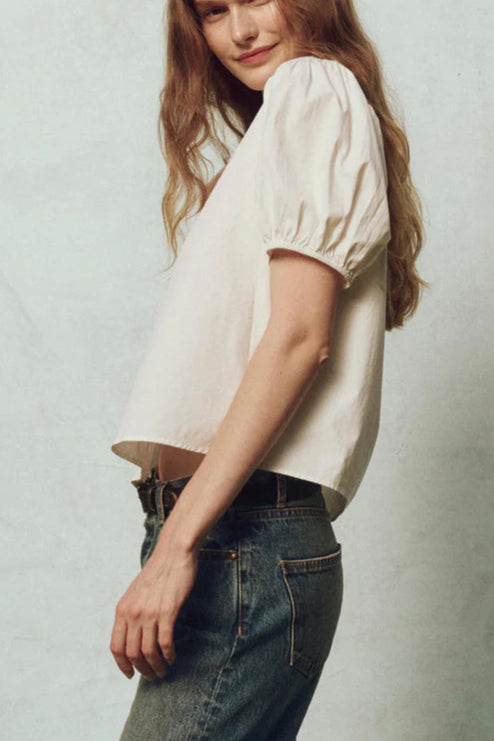 The Great The Fairway Top in cream button down womens short sleeve shirt side view. boltranchstore.com