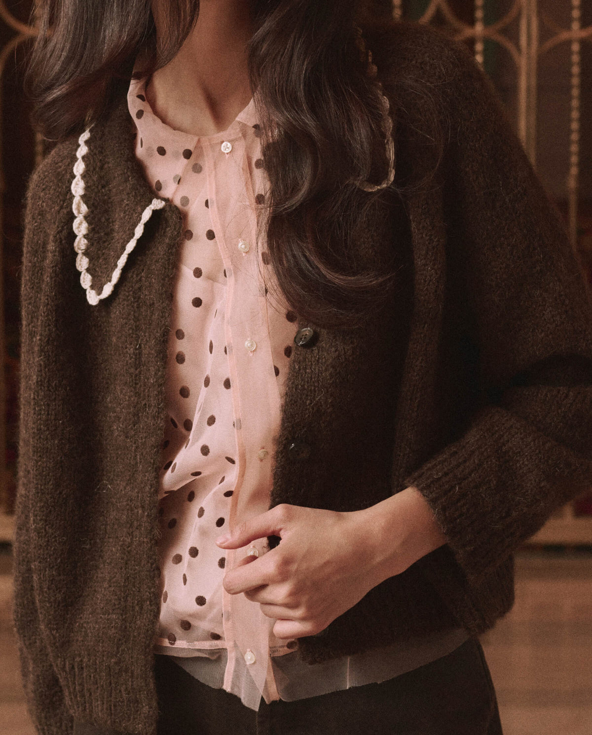The Great Crochet Collar Cardigan Chocolate Brown oversized collar with hand stitched crochet edge
