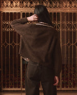 The Great Crochet Collar Cardigan Chocolate Brown worn open over a dot blouse and brown jeans ranch wear