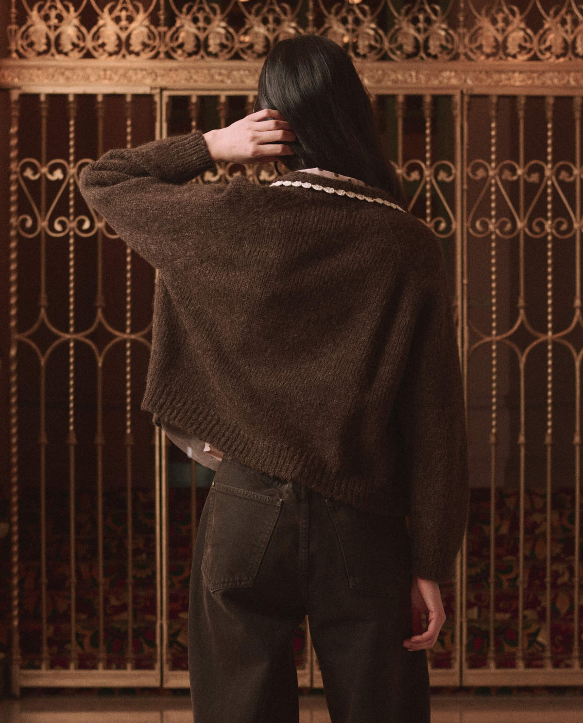 The Great Crochet Collar Cardigan Chocolate Brown worn open over a dot blouse and brown jeans ranch wear