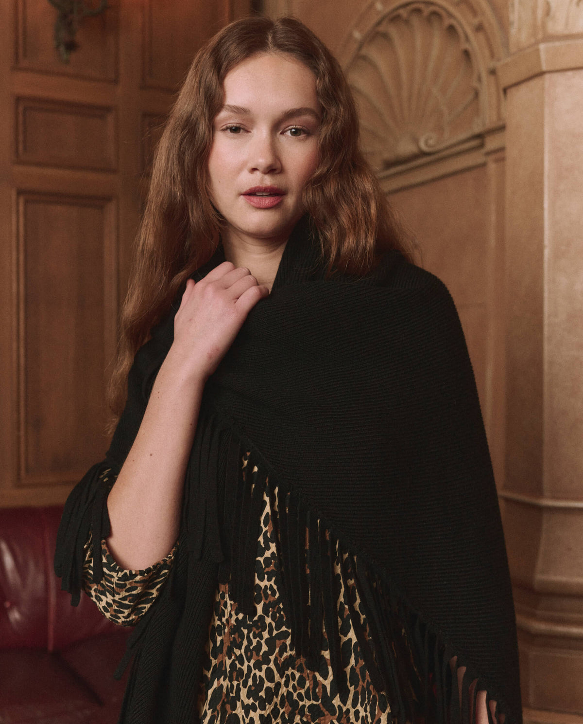 The Great Big Sweater Fringe Scarf Black generous triangle wrap measuring 74 and a half by 38 inches western fashion