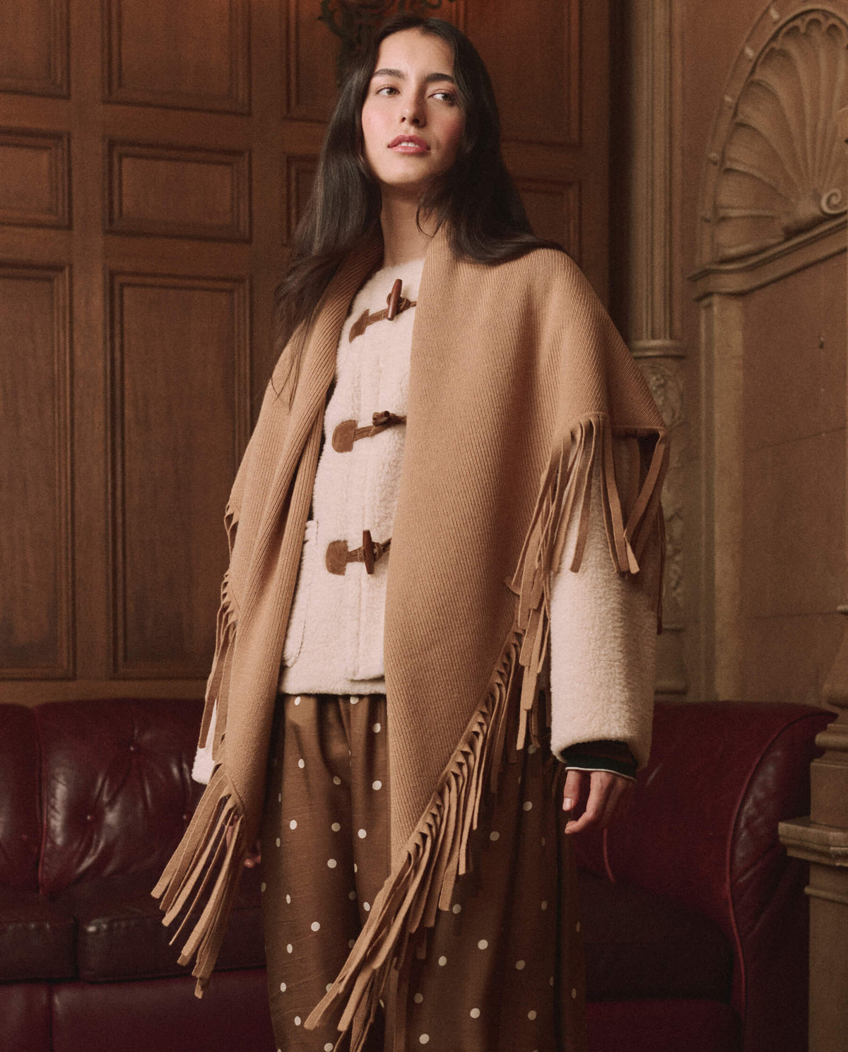 The Great Big Sweater Fringe Scarf Camel oversized triangle shape 74 and a half by 38 inches cowgirl
