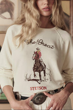 Stetson x The Great The College Sweatshirt Stetson Graphic WOMENS WESTERN CLOTHING FASHION collab new drop Spring 2026 Boltranchstore.com Free Shipping must get western crewneck  rodeo 