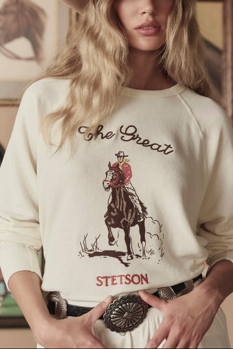 Stetson x The Great The College Sweatshirt Stetson Graphic WOMENS WESTERN CLOTHING FASHION collab new drop Spring 2026 Boltranchstore.com Free Shipping must get western crewneck  rodeo 