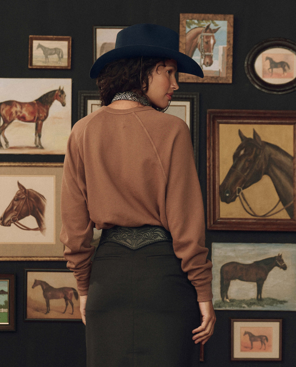 Stetson x THE GREAT College Sweatshirt with Stetson Graphic styled with a black soutache skirt and felt hat western fashion Kamas Utah