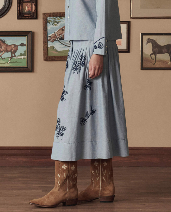 Stetson x The Great Chambray Embroidered Highland Skirt womens popular viral skirt blue floral denim Boltranchstore.com