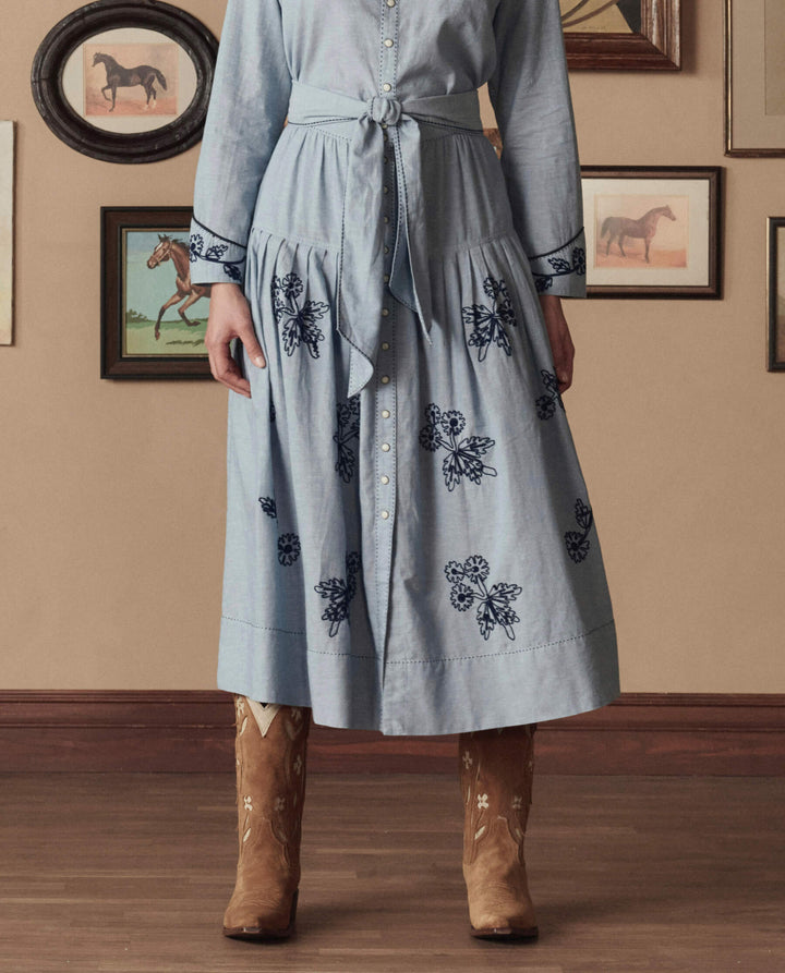 Stetson x The Great Chambray Embroidered Highland Skirt womens skirt denim matching top This is the Great Boltranchstore.com Free Shipping floral blue embroidered