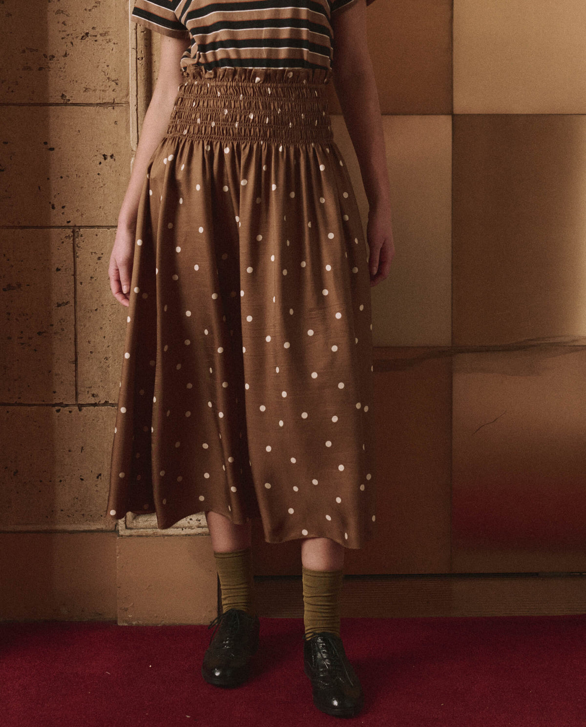 The Great Canary Skirt Copper Bubble Dot delicate picot edge ruffle at the hem western fashion