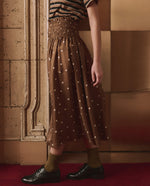 The Great Canary Skirt Copper Bubble Dot styled with a striped boxy crew for cowgirl style