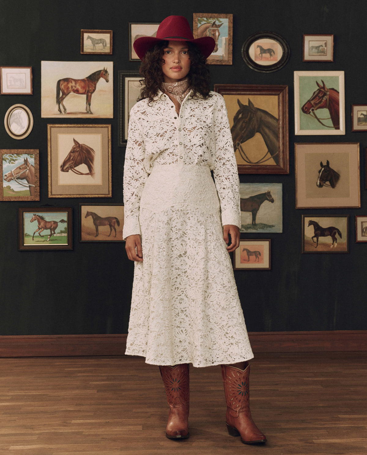 Stetson x THE GREAT Relic Lace Saddle Skirt fitted hip with structured fixed waistband western clothing