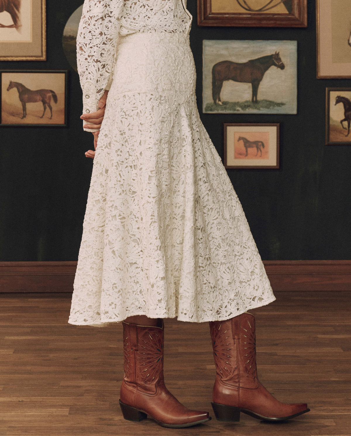 Stetson x THE GREAT Relic Lace Saddle Skirt flowing hem that falls to the low calf western fashion Kamas Utah