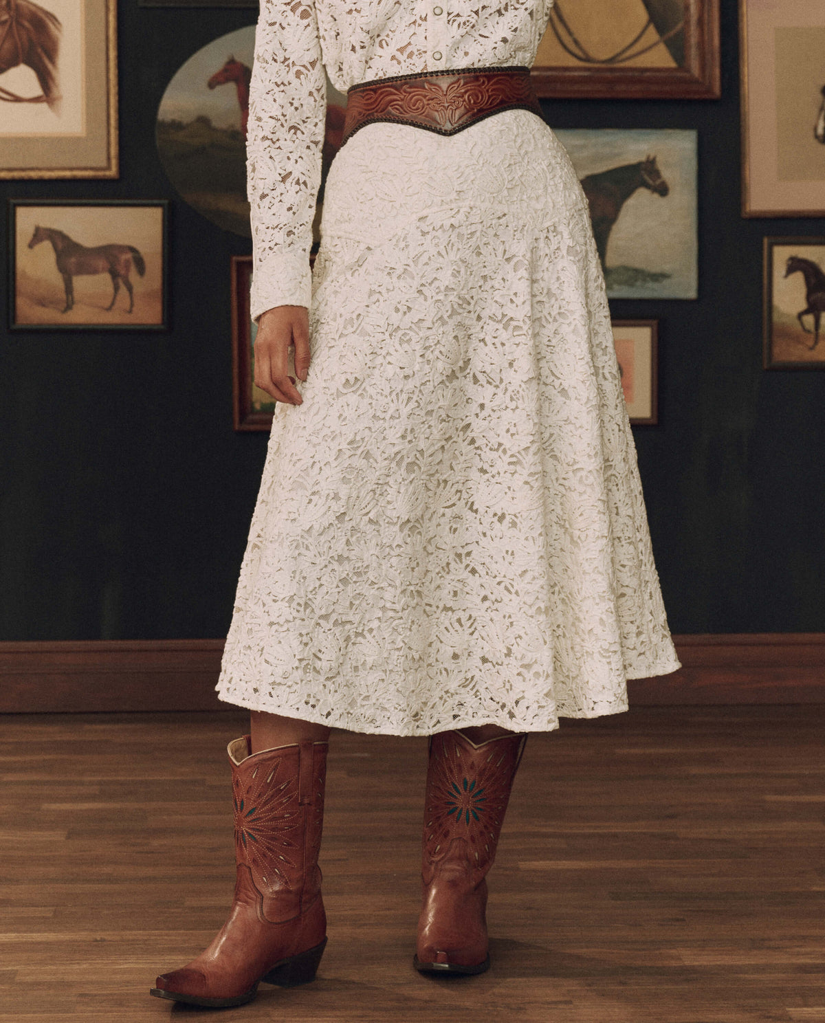 Stetson x THE GREAT Relic Lace Saddle Skirt cream heirloom lace skirt with full lining womens western boutique Utah SKU K194068