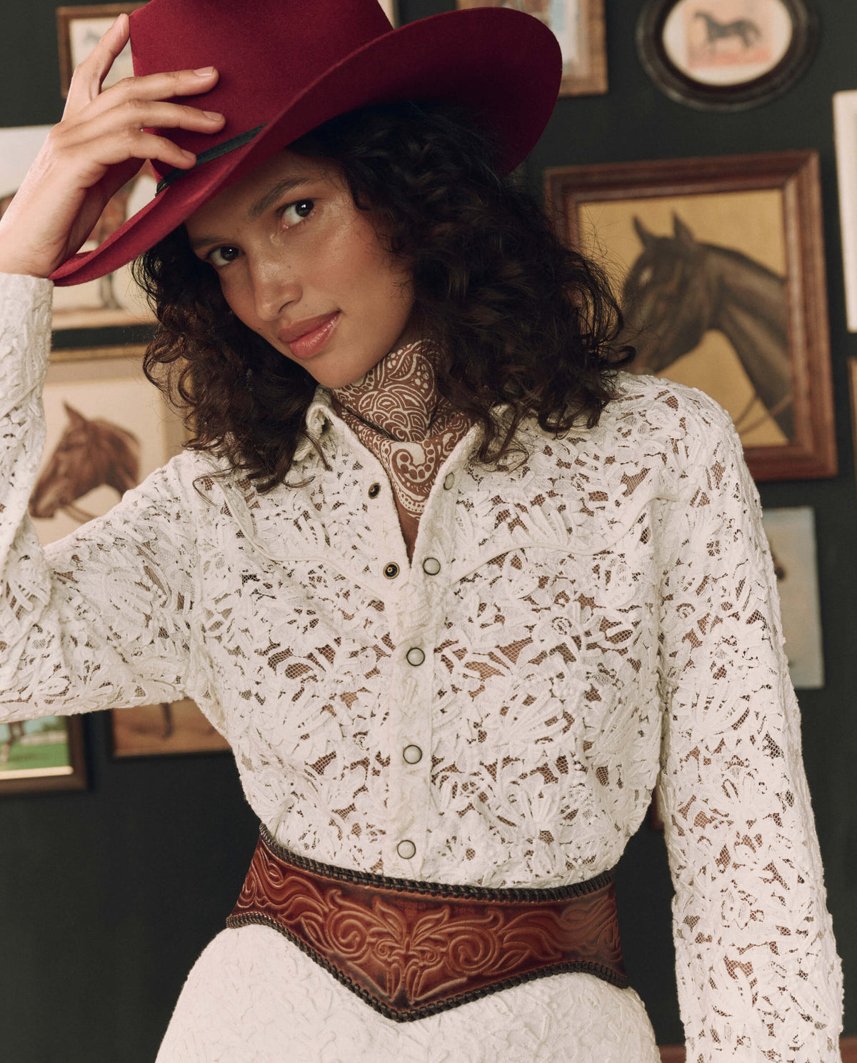 Stetson x THE GREAT Tooled Corset Belt Burnished Brown brass twin rings with fringed leather tie ranch wear