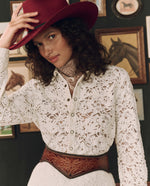 Stetson x THE GREAT Tooled Corset Belt Burnished Brown brass twin rings with fringed leather tie ranch wear