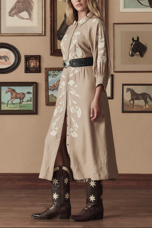 Stetson x The Great Western Embroidered Herd Dress in Sandstone womens tan cream embroidered western clothing dress Boltranchstore.com