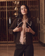 The Great Crochet Collar Cardigan Chocolate Brown blouson sleeves with full fashioned finish and ribbed cuffs