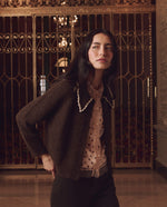 The Great Crochet Collar Cardigan Chocolate Brown horn buttons down a cropped button front western fashion