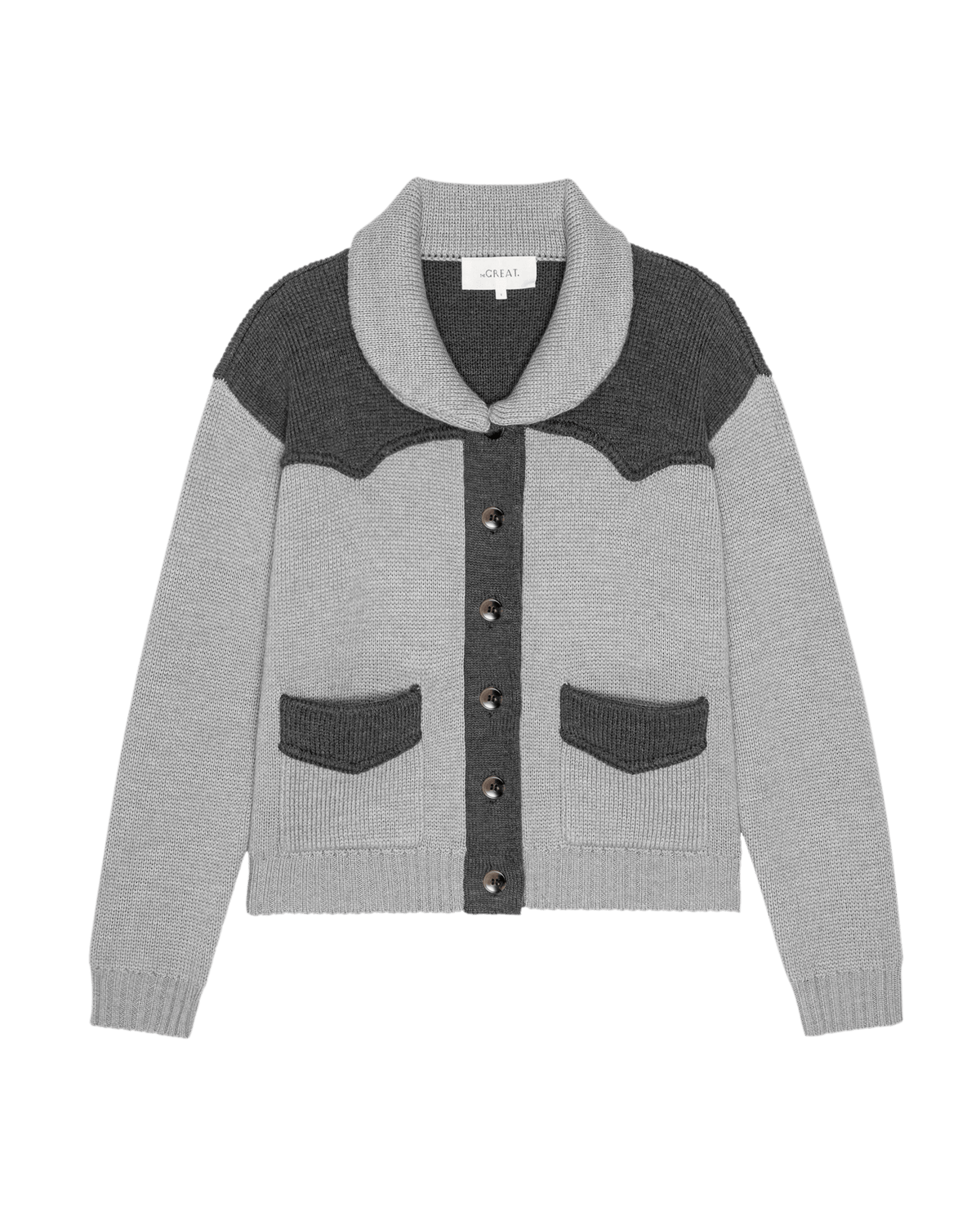 The Great Western Cardigan Two Tone Heather Grey light grey wool blend knit with charcoal western yoke womens western boutique Utah SKU S589025TTHRG