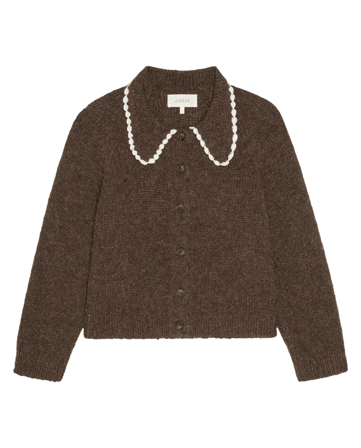 The Great Crochet Collar Cardigan Chocolate Brown brushed alpaca boucle cardigan with cream crochet trim womens western boutique Utah SKU S604756CHOBR