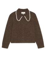 The Great Crochet Collar Cardigan Chocolate Brown brushed alpaca boucle cardigan with cream crochet trim womens western boutique Utah SKU S604756CHOBR
