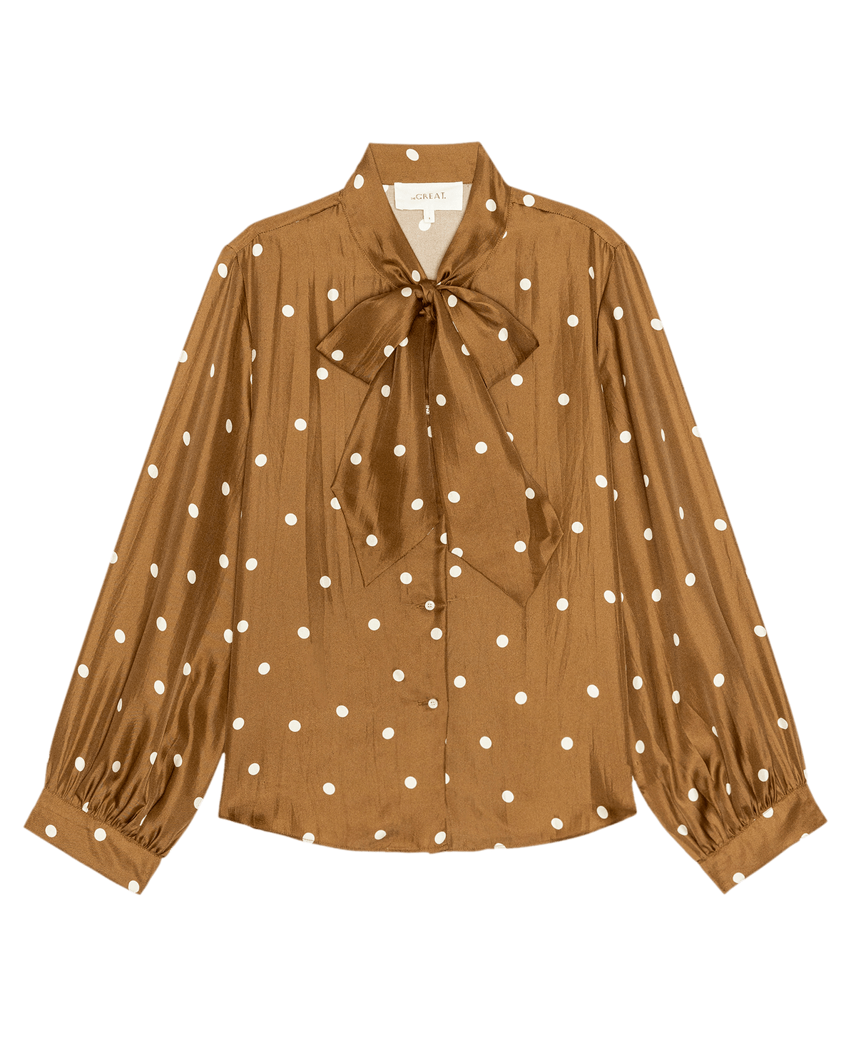 The Great Zenith Top Copper Bubble Dot copper silk blouse with white polka dots womens western boutique Utah SKU T1531039COBBD