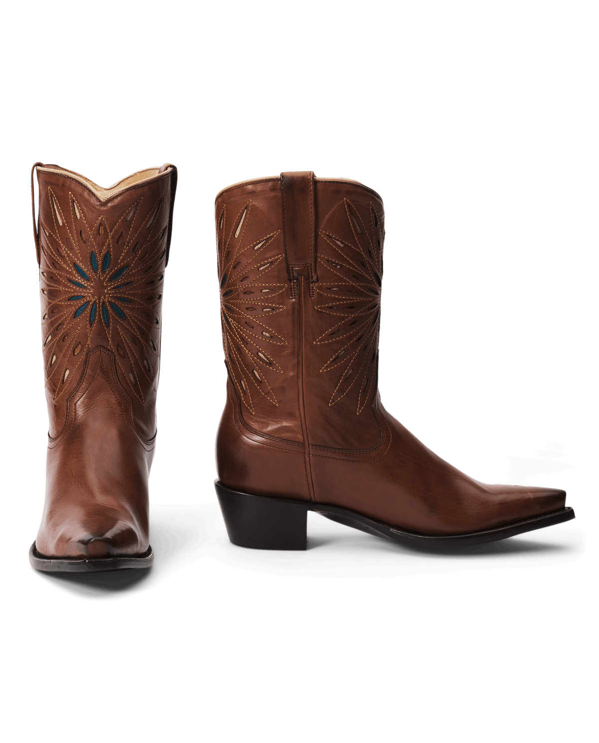 Stetson x THE GREAT Southwest Cowboy Boot Chestnut with Turquoise Sunburst handcrafted in Leon Mexico with cushioned leather insole rodeo ready Park City