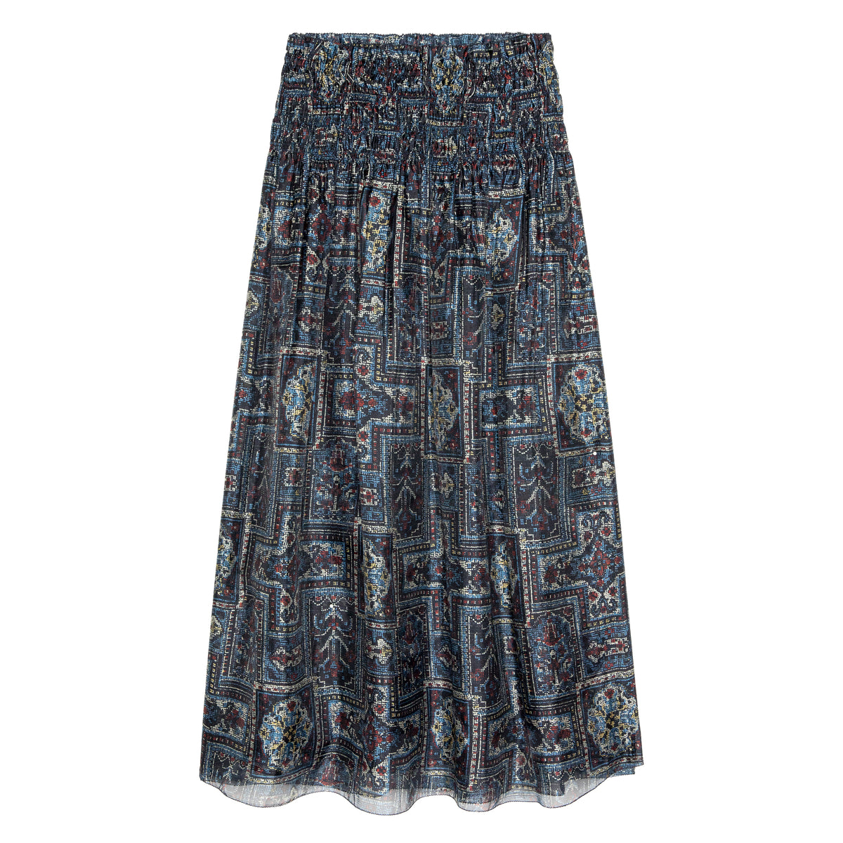 THE GREAT Canary Skirt smocked waistband and a small edge ruffle in an heirloom textile print with blue, maroon, beige at boltranchstore.com