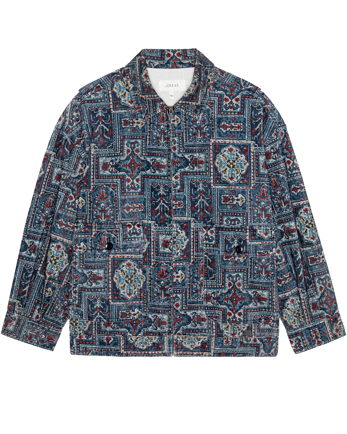 THE GREAT Folsom Jacket a long sleeve coat zip up in an heirloom blue, red cream print at boltranchstore.com