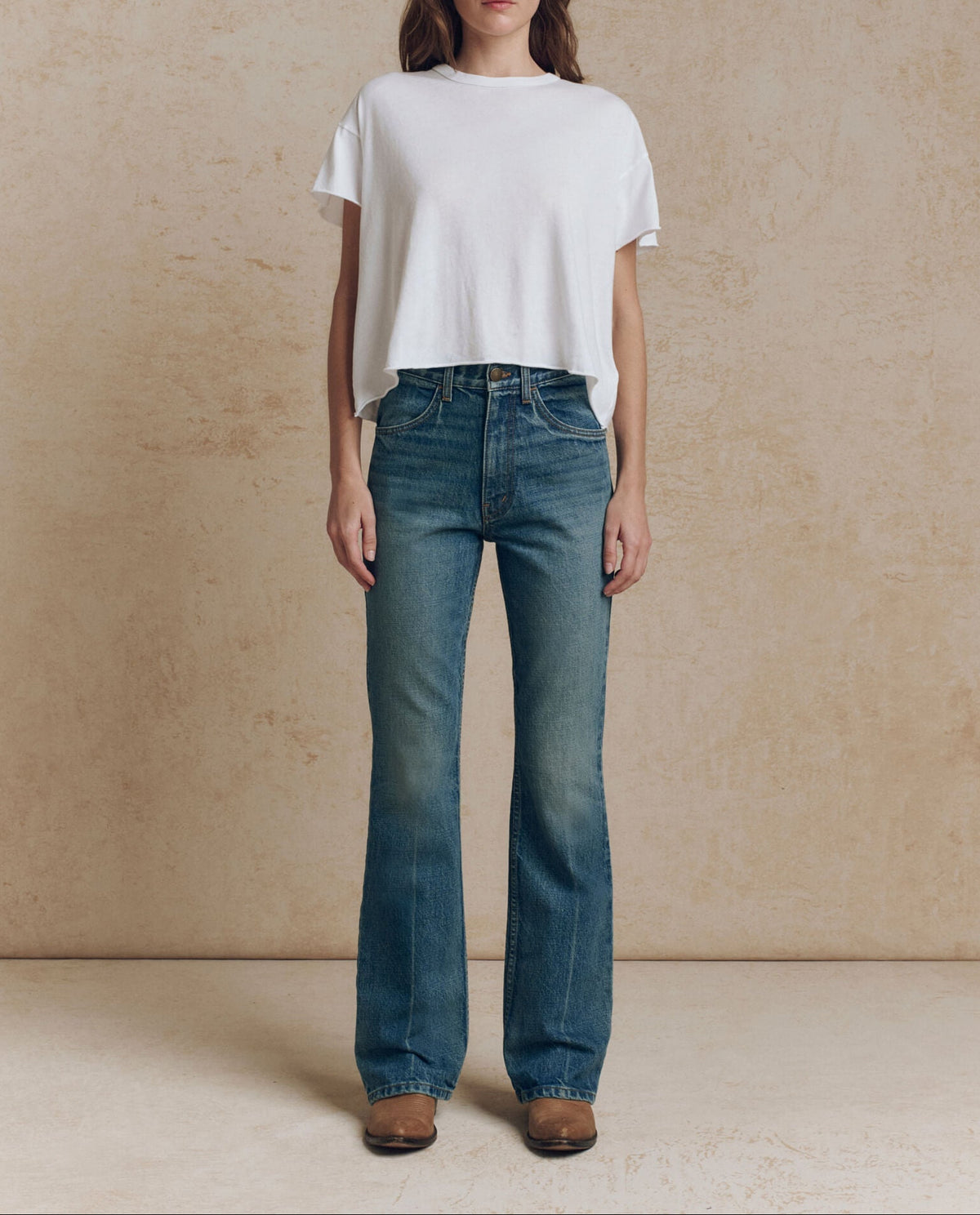 Womens THE GREAT The Smith High Rise Slim Bell Jean Fairfield Wash With Bleach Crease SKU B153027FFWHB Bolt ranch store 