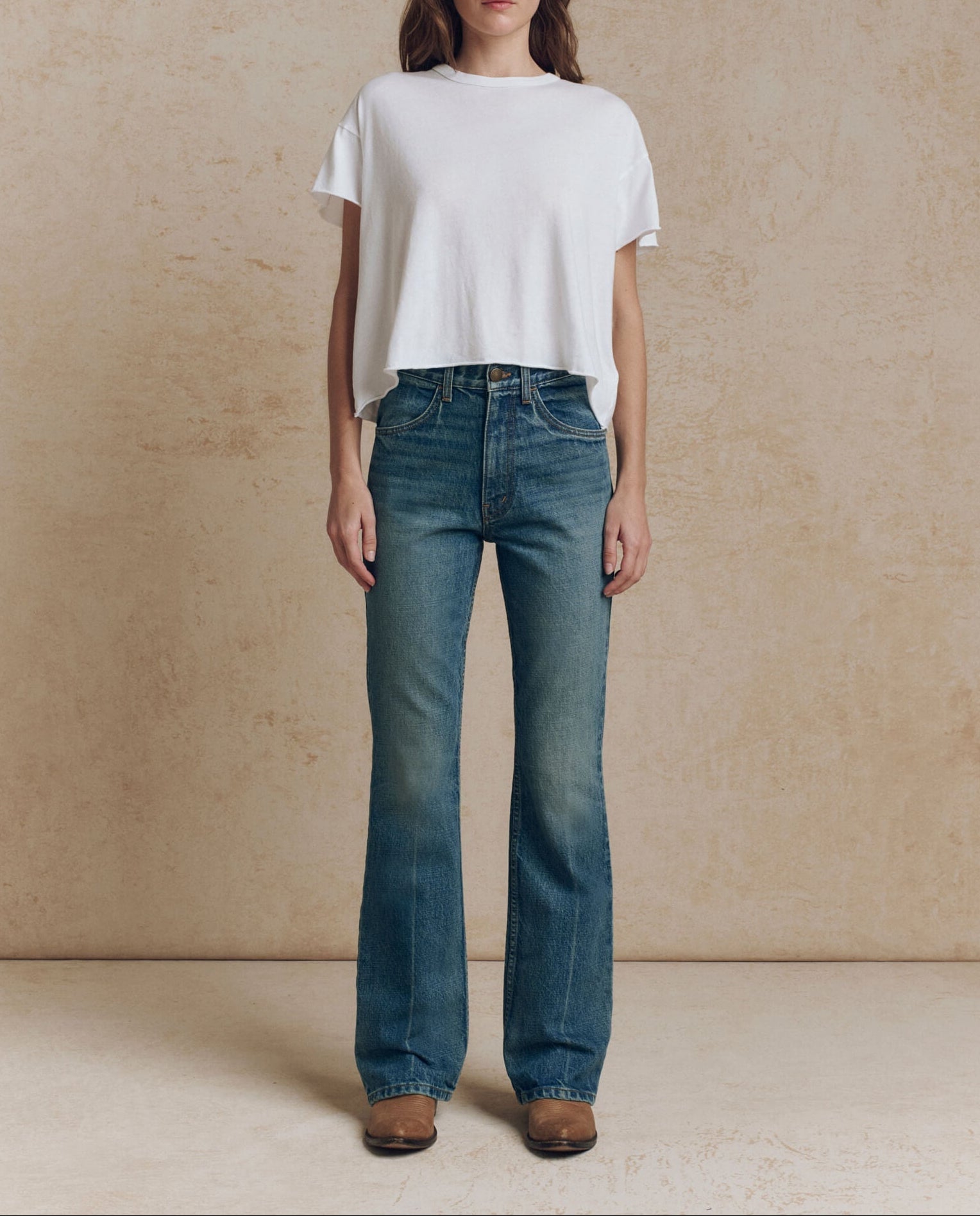 Womens THE GREAT The Smith High Rise Slim Bell Jean Fairfield Wash With Bleach Crease SKU B153027FFWHB Bolt ranch store 