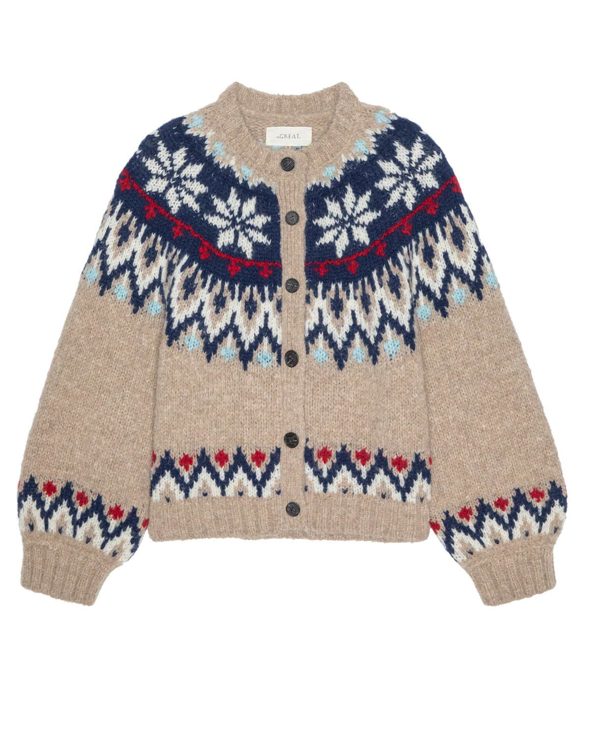 THE GREAT Winter Fairisle Cardigan in Snowflake full button up and snowflake print with oat, blue, red, white at boltranchstore.com