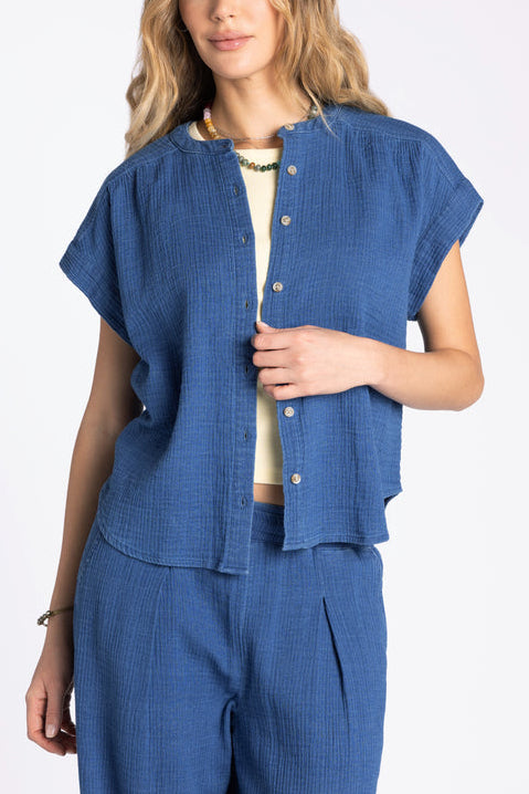 Novalie Top thread and supply womens blue denim gauze cotton short sleeve top Boltranchstore.com Free Shipping T4357CGZTS