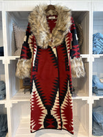Tasha Polizzi Clay Coat Red Western clothing womens western boutique Utah  A long Southwestern-style coat with a red, black, and cream geometric pattern, featuring a large brown faux-fur collar and matching faux-fur trimmed cuffs in stock order today at bolt ranch store kamas utah near park city 
