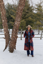 Tasha Polizzi Shelby Coat Navy long coat with floral design with burgandy and and navy 