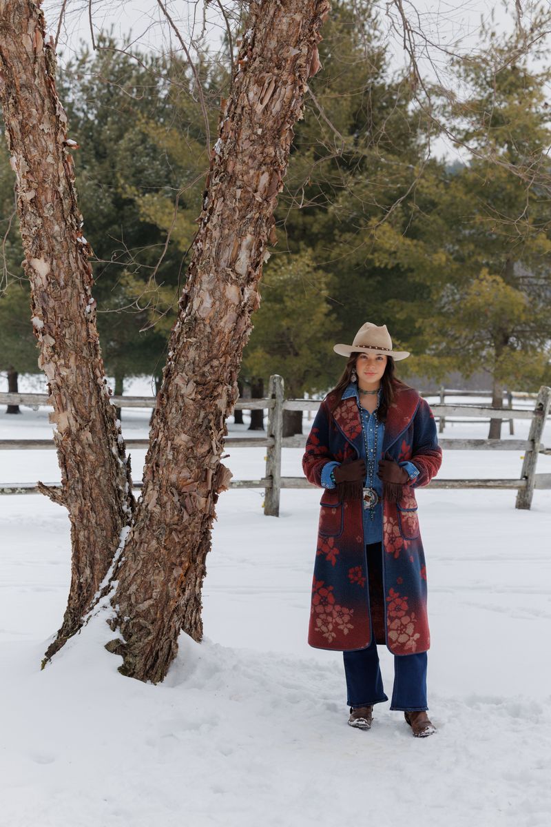Tasha Polizzi Shelby Coat Navy long coat with floral design with burgandy and and navy 
