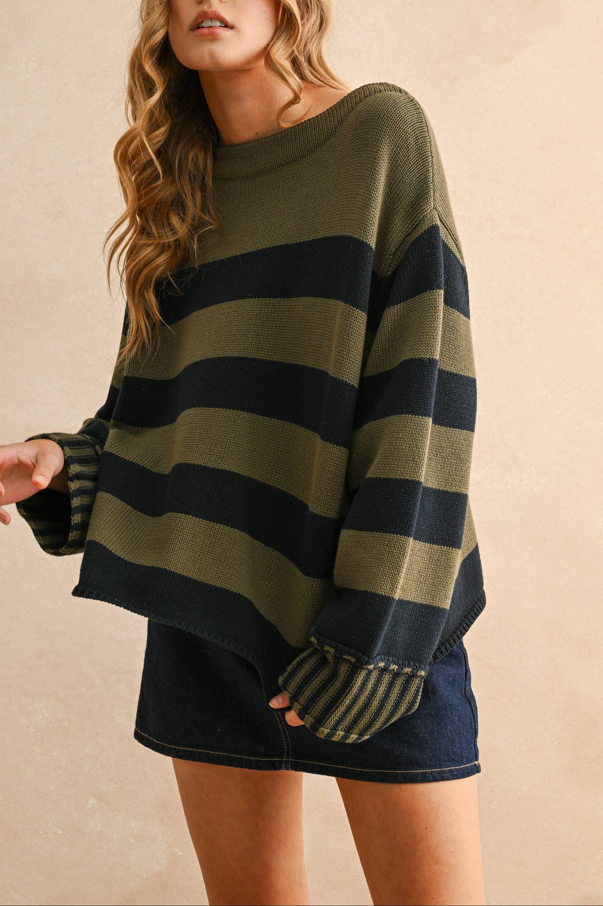 Taylor Striped Sweater Miou Muse Women's Sweater fall blue and olive new arrival bolt ranch store stripes boltranchstore.com Free shipping women's top