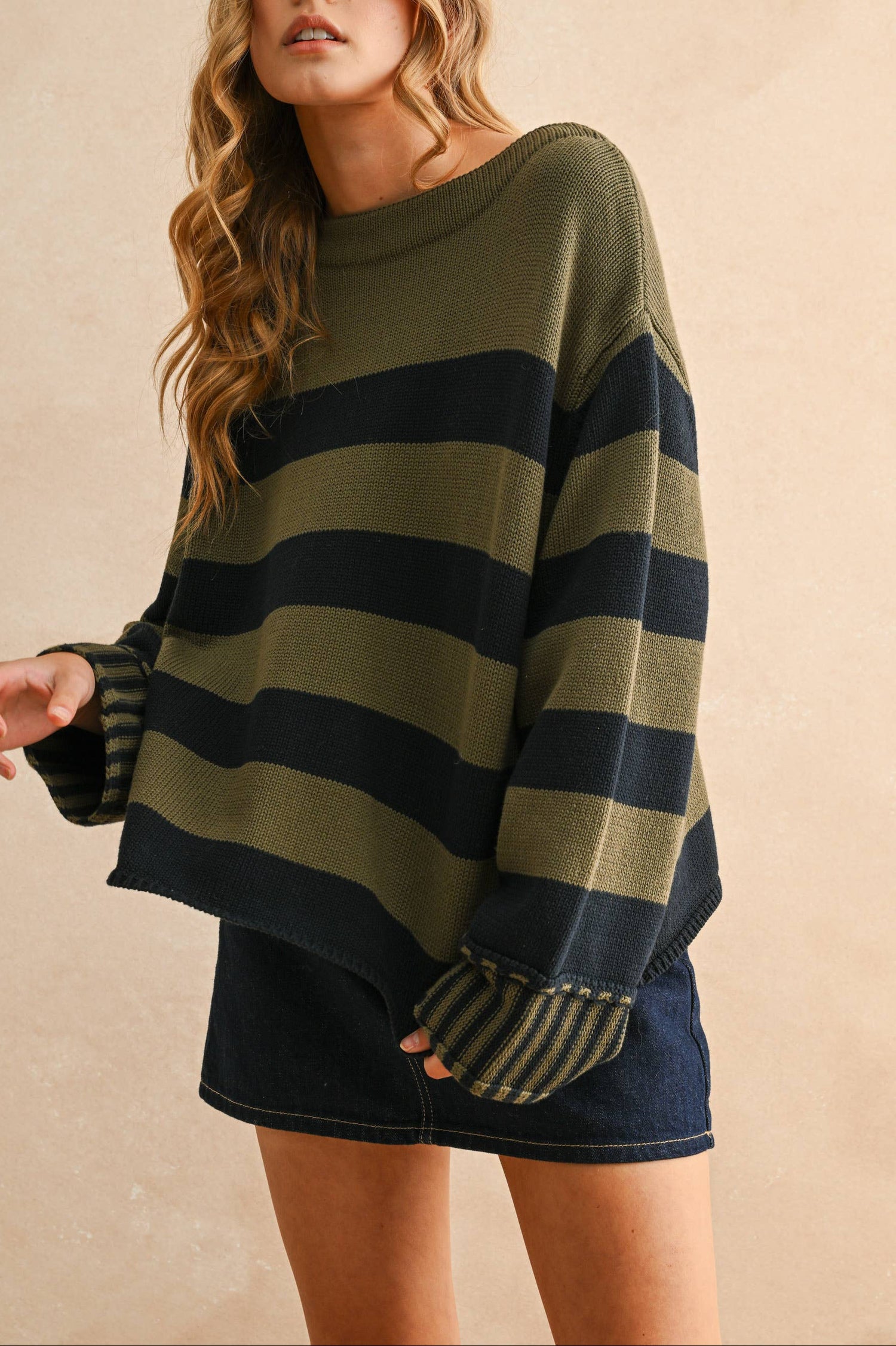 Taylor Striped Sweater Miou Muse Women's Sweater fall blue and olive new arrival bolt ranch store stripes boltranchstore.com Free shipping women's top