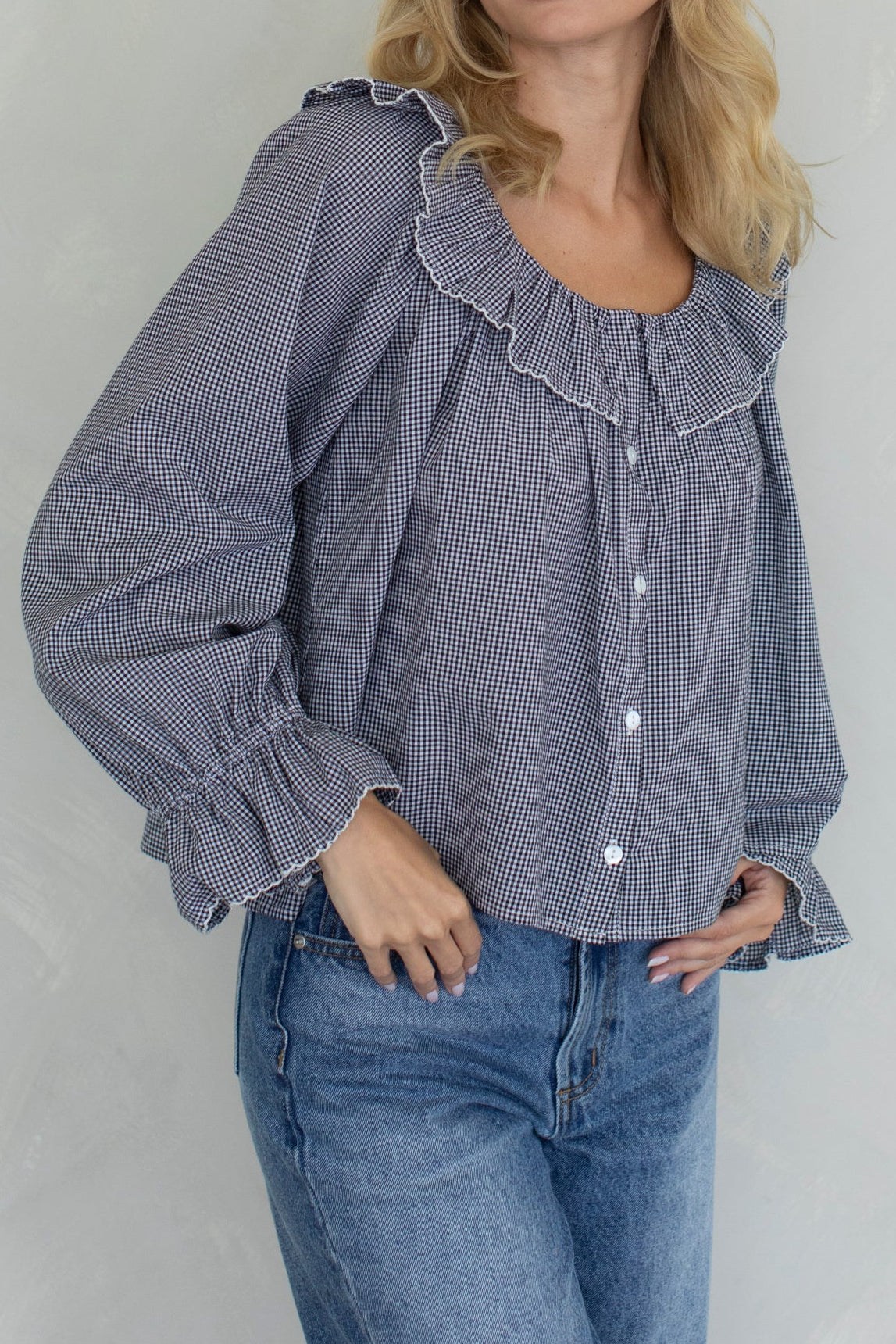 Teagan Gingham Blouse a button up ruffle collar long sleeve and ruffle cuff available at boltranchstore.com