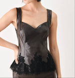 Teresa Faux Leather Top dark brown faux-leather corset-style top sweetheart neckline black lace peplum hem bolt ranch store western boutique 