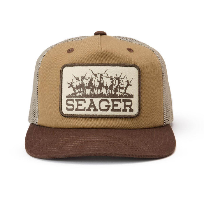 Brown and beige cap with Seager logo on  patch in a tan and brown brim with a snap back at boltranchstore.com