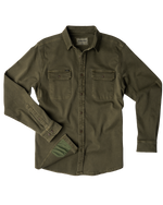 An olive green long-sleeve button-up shirt with two chest pockets button down at boltranchstore