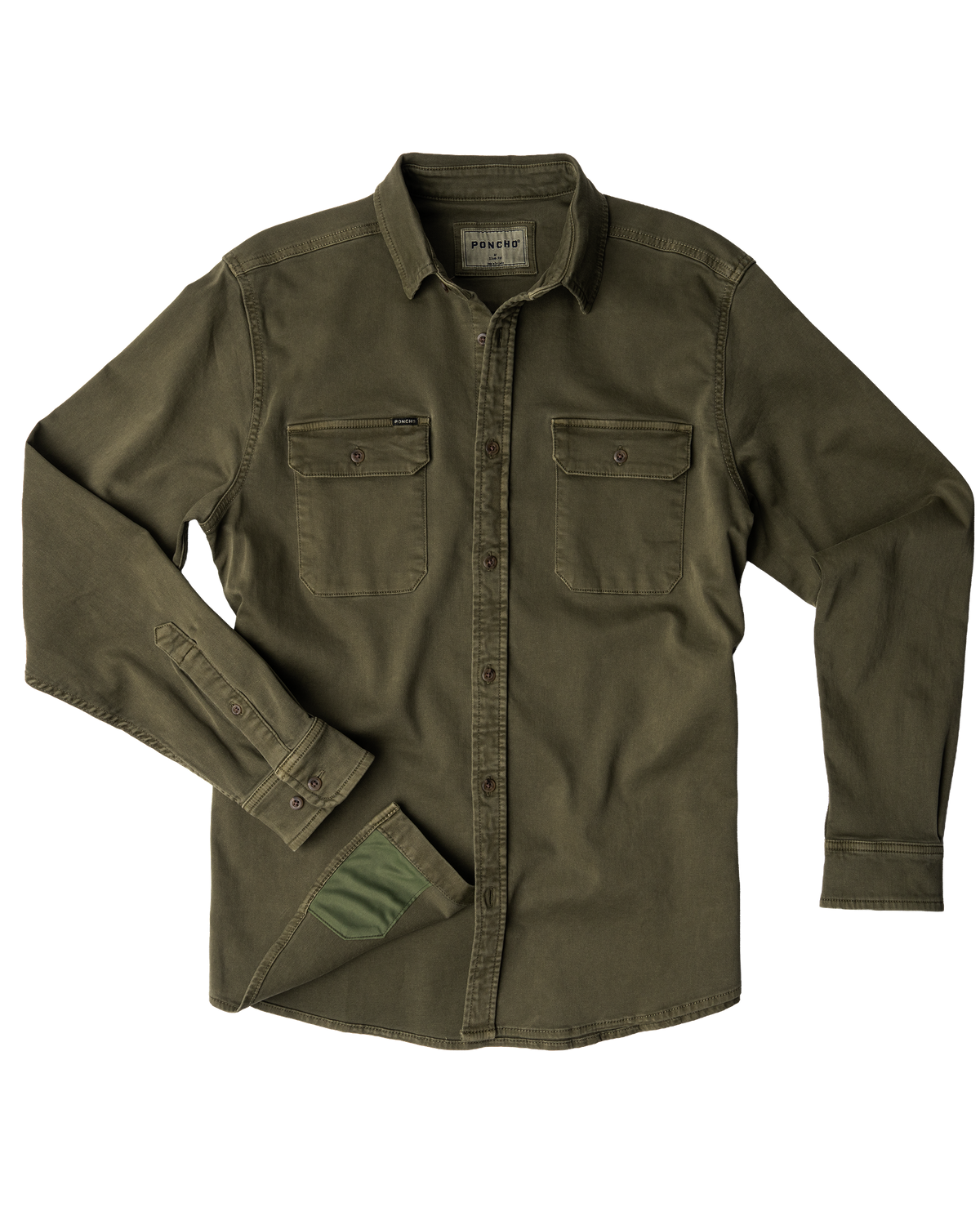 An olive green long-sleeve button-up shirt with two chest pockets button down at boltranchstore