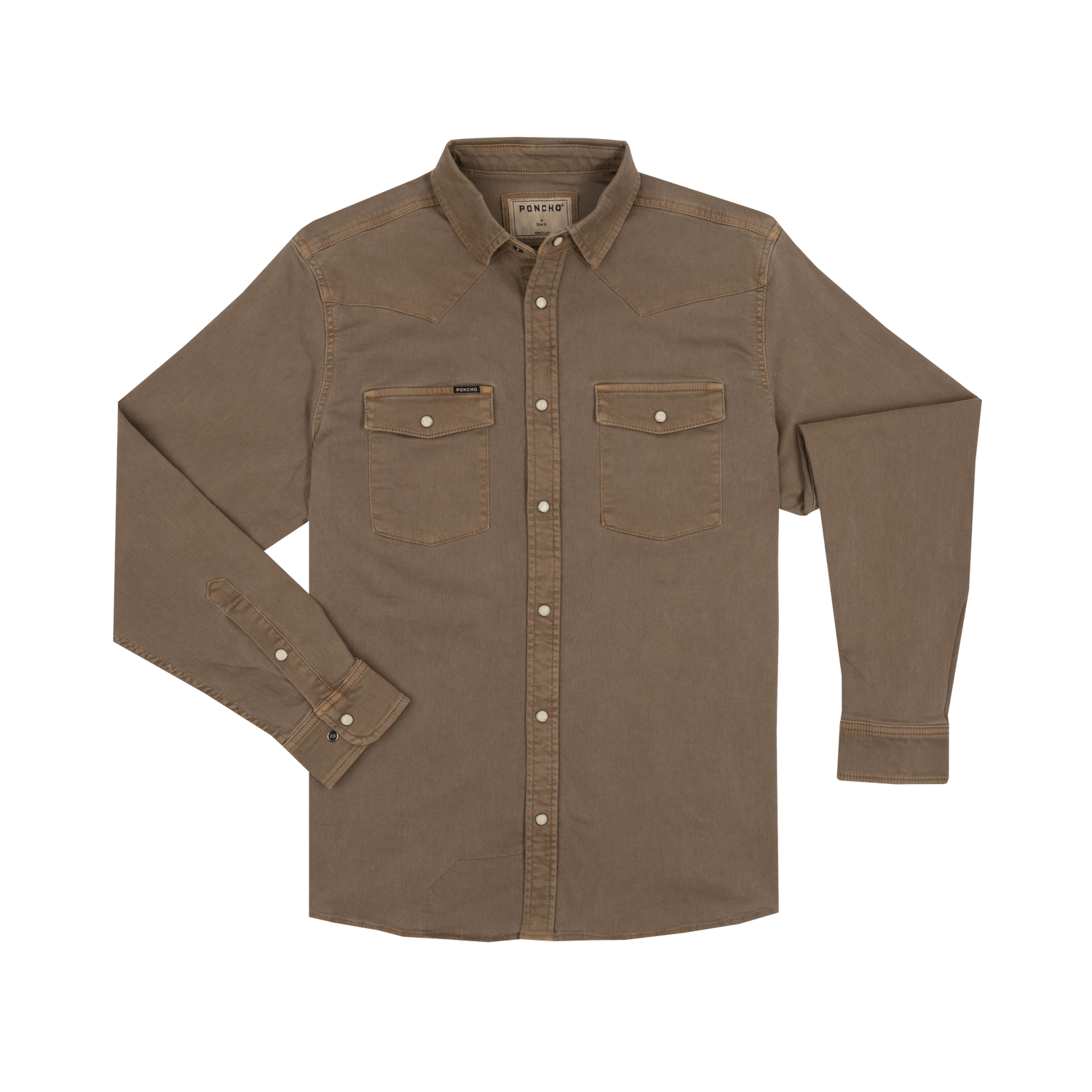Brown shirt with button details on a white background poncho mes cotulla shirt denim shirt shop at boltranchstore.com today