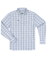 Poncho The Fog Horn dark and light blue plaid performance flannel shirt with hidden zippered pocket mens western clothing Kamas Utah SKU SHFLOGLS5040