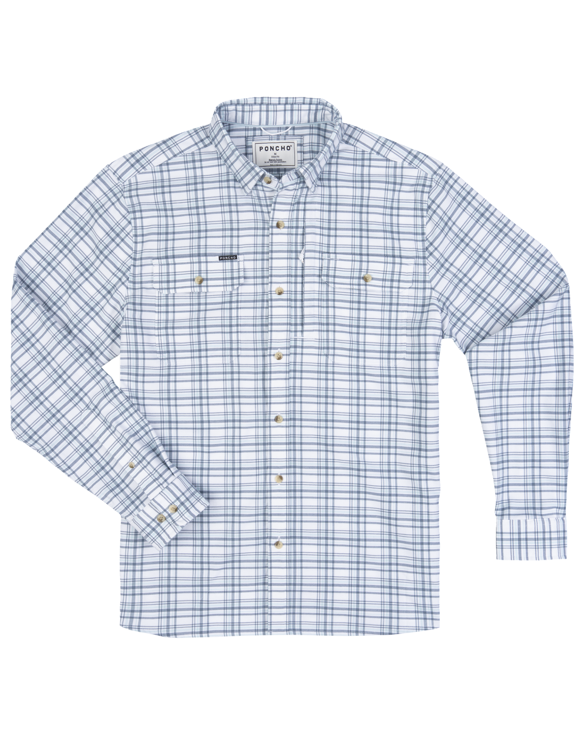 Poncho The Fog Horn dark and light blue plaid performance flannel shirt with hidden zippered pocket mens western clothing Kamas Utah SKU SHFLOGLS5040
