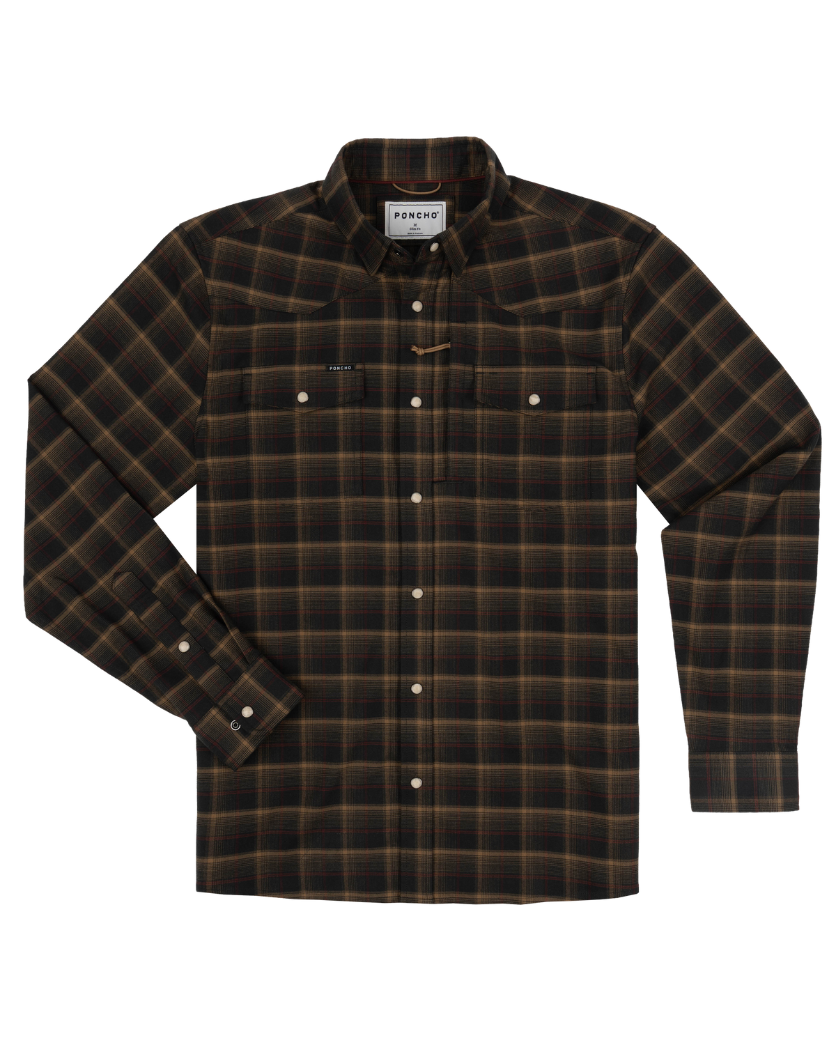 Poncho The John Colter black red and tan plaid western flannel with pearl snap pockets and hidden zippered pocket ranch wear Utah SKU SHFLWSLS5039