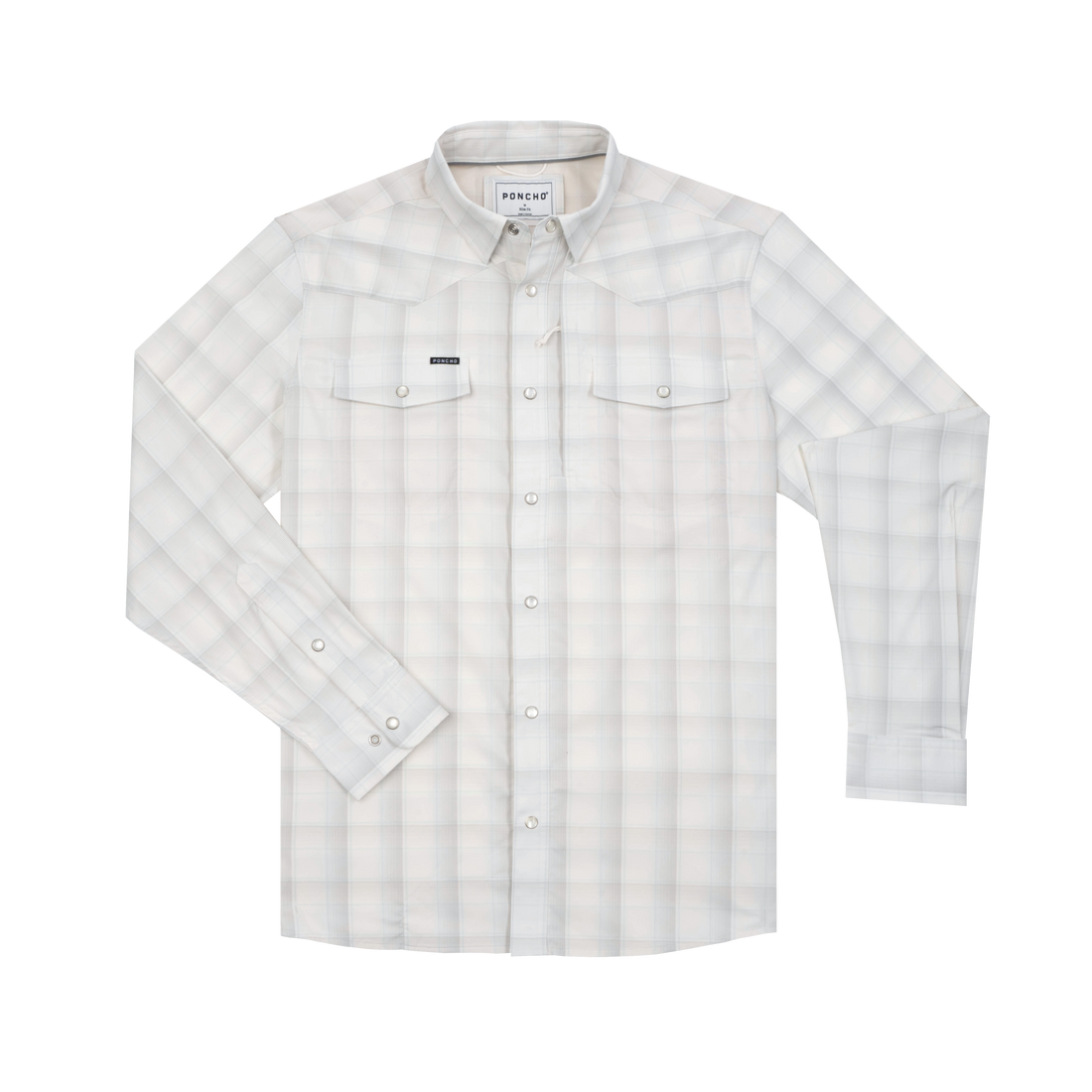 Poncho Mens Kalispell Shirt a long sleeve snap up plaid shirt in gray blue and cream with two snap down front pockets and snap cuffs at boltranchstore.com