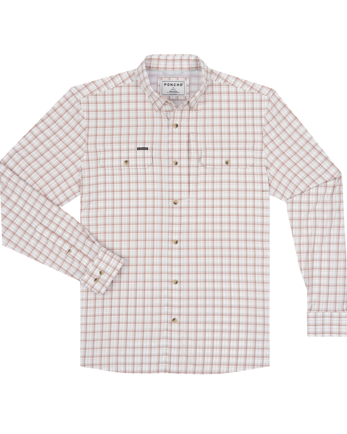 A long-sleeve button-up shirt by Poncho, featuring a white base with a fine red and light blue windowpane plaid pattern. The shirt has two buttoned chest pockets, a classic collar