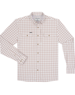 A long-sleeve button-up shirt by Poncho, featuring a white base with a fine red and light blue windowpane plaid pattern. The shirt has two buttoned chest pockets, a classic collar